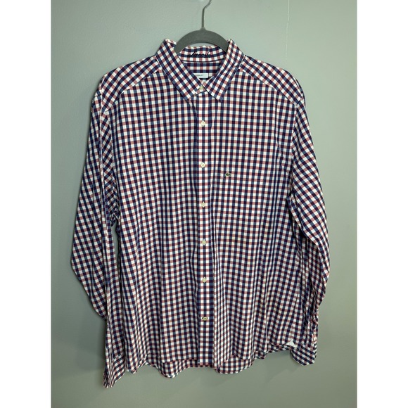 Lacoste Other - Lacoste Mens Modern Fit Gingham Check Button Down Shirt Red Navy White Size 44
